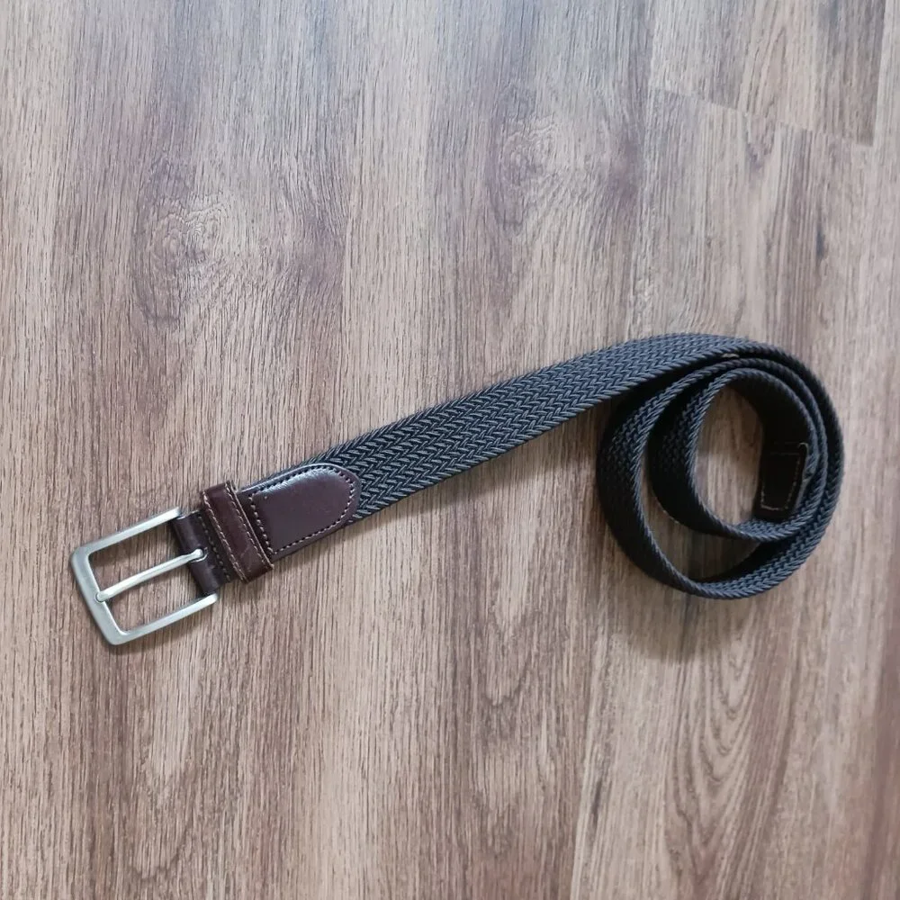 Lands End Brown Woven Braid Elastic Belt‎ W/ Brown Leather Men's Medium 32-34